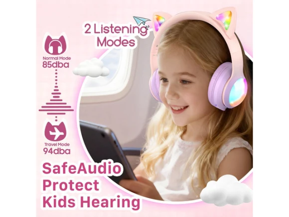 Wireless Headphones with LED Cat Ears — Wireless Earbuds, FosPower