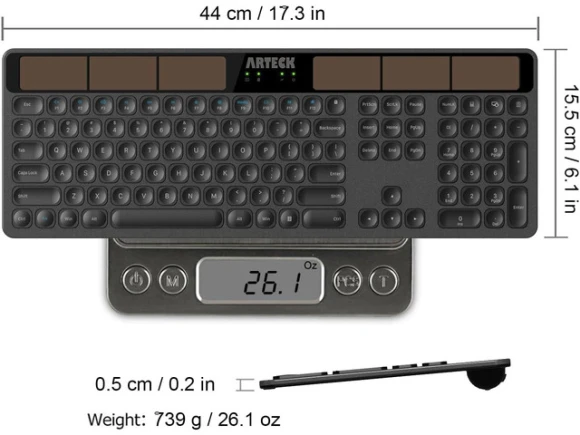 Wireless Solar Keyboard, Full-Size Layout — Bluetooth Keyboard, Arteck
