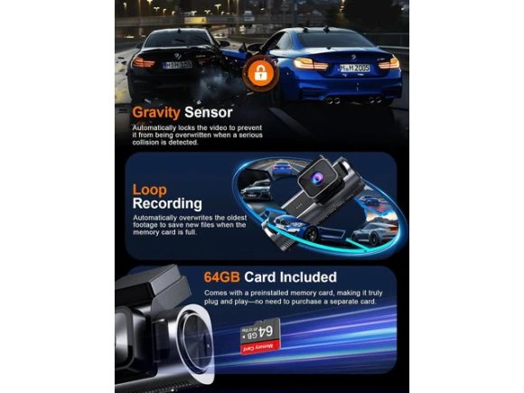 3-Channel Dash Camera with 64GB Card — Dash Cam, ilepo