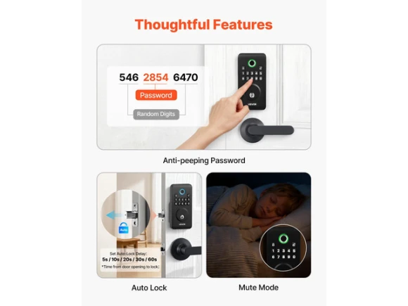 Fingerprint Door Lock Set, Matte Black — Smart Lock, VEVOR