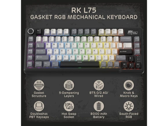 Gasket-Mount Mechanical Keyboard with Tri-Mode Connectivity — Bluetooth Keyboard, RK ROYAL KLUDGE