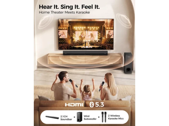 Soundbar Speaker System with Subwoofer and 2 Wireless Karaoke Microphones — Sound Bar, Generic Logic, Inc.