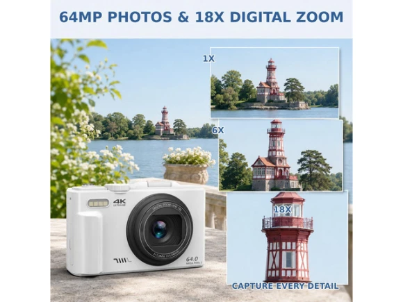 Compact Digital Camera, White, 4K, 64MP, with 32GB TF Card and 2 Batteries — Digital Cameras & Camcorders, Generic Logic, Inc.