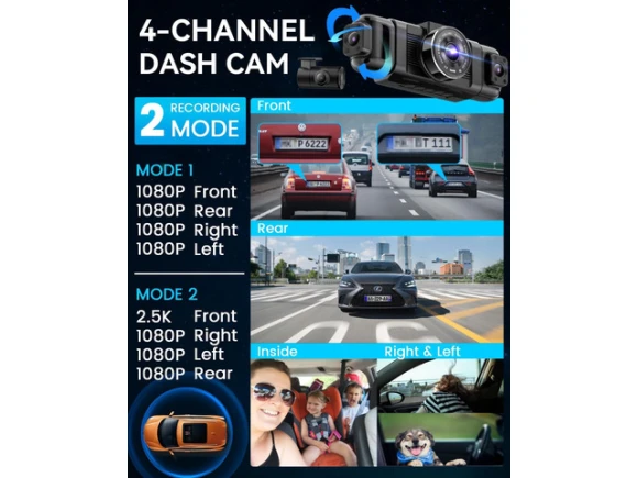 4-Channel Dash Camera with 128GB SD Card — Dash Cam, IIWEY