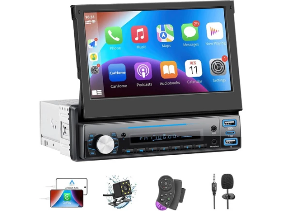 7-Inch Flip-Out Touchscreen Single DIN Car Stereo — Car Infotainment System, ilepo