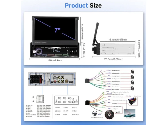Single-DIN Car Stereo Receiver with 7-Inch Flip-Out Touchscreen — Car Infotainment System, Podofo