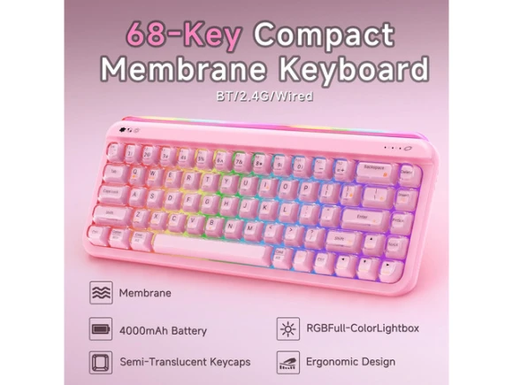 68% Membrane Keyboard with RGB Lighting — Bluetooth Keyboard, Ajazz