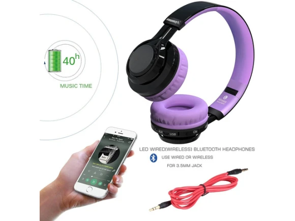 Bluetooth headphones for kids, foldable, Black & Purple — Wireless Earbuds, Riwbox