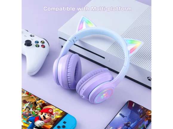 Purple Cat Ear Headphones — Wireless Earbuds, STARWELL