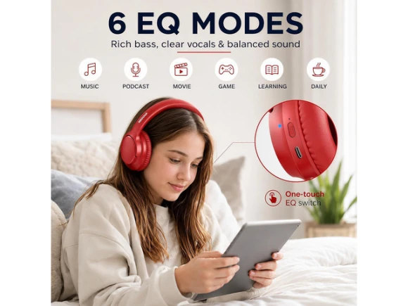 Red Over-Ear Bluetooth Headphones — Wireless Earbuds, WOOJONG