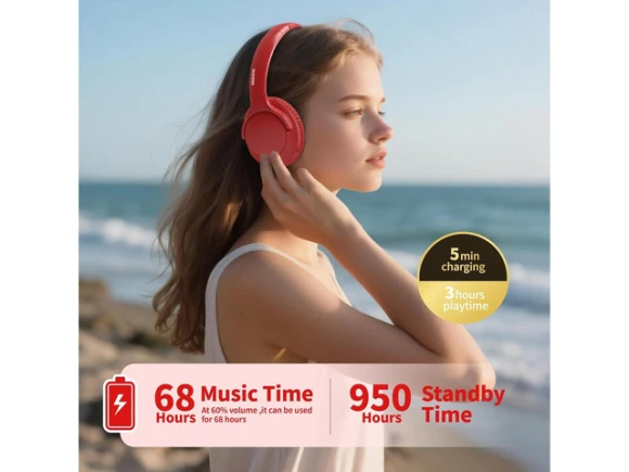 Red over-ear Bluetooth headphones — Wireless Earbuds, MIDOLA