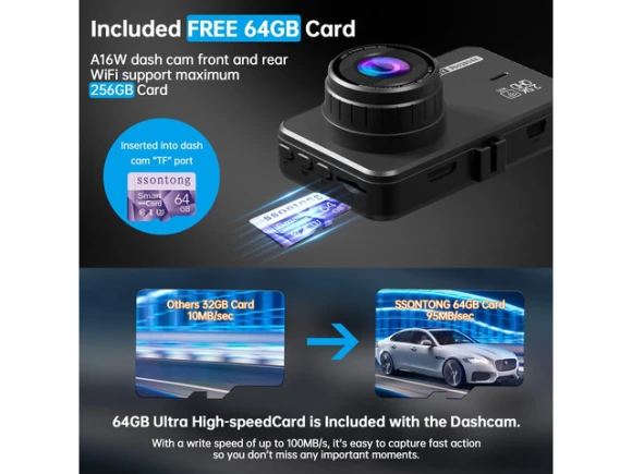 Front and Rear Dash Camera with 64GB Card — Dash Cam, Xelite