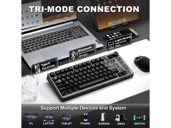 75% Layout Black Wireless Mechanical Keyboard — Bluetooth Keyboard, YUNZII