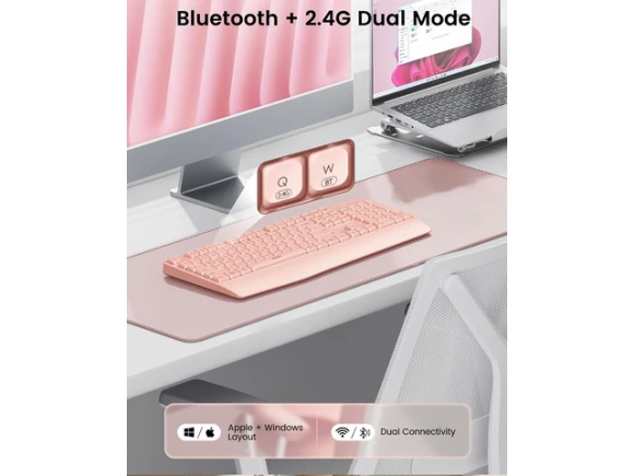 Full-Size Pink Ergonomic Bluetooth Keyboard with Wrist Rest and Number Pad — Bluetooth Keyboard, SeenDa