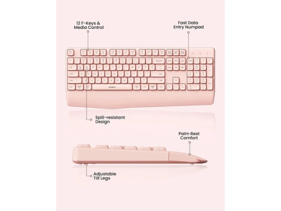 Full-Size Pink Ergonomic Bluetooth Keyboard with Wrist Rest and Number Pad — Bluetooth Keyboard, SeenDa