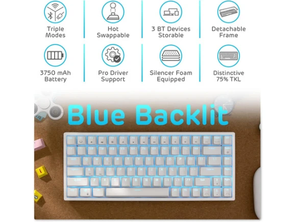 75% Mechanical Keyboard, 84 Keys, Blue Backlit — Bluetooth Keyboard, Royal Kludge