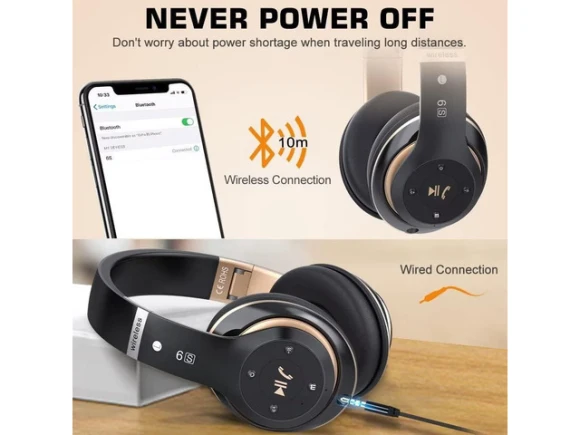 Wireless Bluetooth Over-Ear Headphones, Black & Gold — Wireless Earbuds, Trisvision