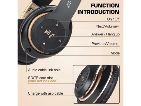 Wireless Bluetooth Over-Ear Headphones, Black & Gold — Wireless Earbuds, Trisvision