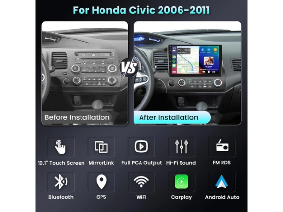 10.1-inch HD IPS Car Stereo Radio for Honda Civic 2006–2011 — Car Infotainment System, Podofo