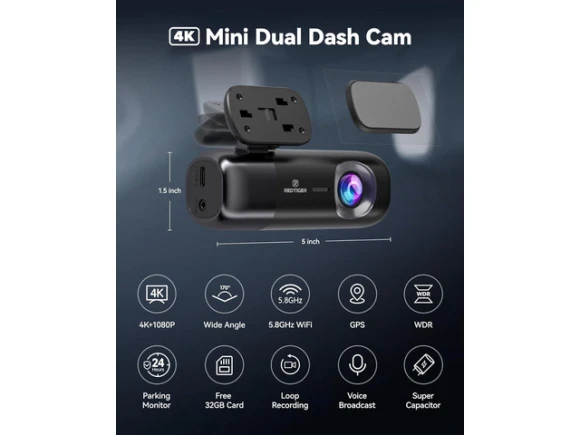 4K Front and 1080P Rear Dash Cam with 32GB Card — Dash Cam, REDTIGER