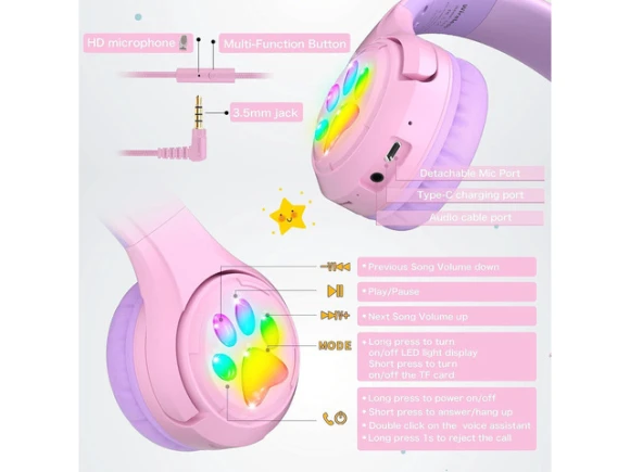 Kids Bluetooth Headphones, Purple — Wireless Earbuds, Riwbox