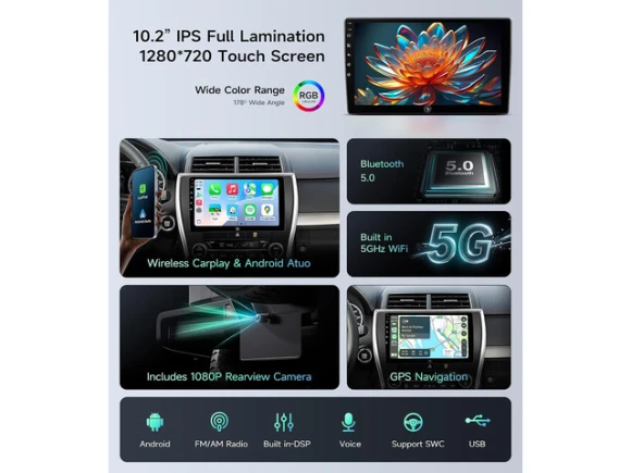 Car stereo radio with 1080P backup camera for Toyota Camry 2012, 2013, and 2014 — Car Infotainment System, Trisvision