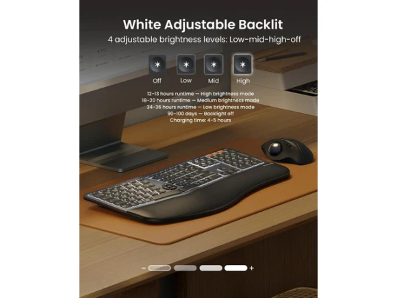 Full Size Split Keyboard with Backlighting and Cushioned Wrist Rest — Bluetooth Keyboard, ProtoArc