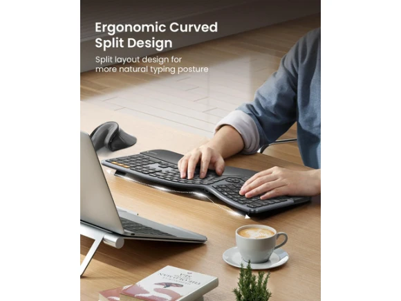 Full Size Split Keyboard with Backlighting and Cushioned Wrist Rest — Bluetooth Keyboard, ProtoArc