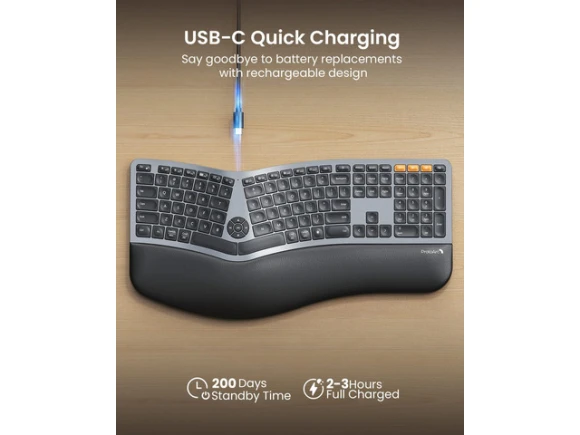 Full Size Split Keyboard with Backlighting and Cushioned Wrist Rest — Bluetooth Keyboard, ProtoArc