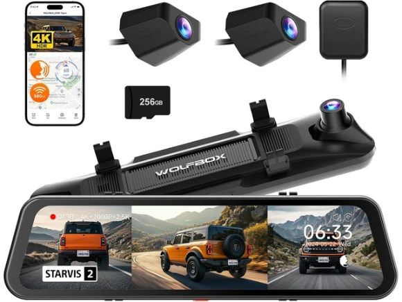 Mirror Dash Cam, Bumper Version, Includes 256GB Card and GPS — Dash Cam, WOLFBOX