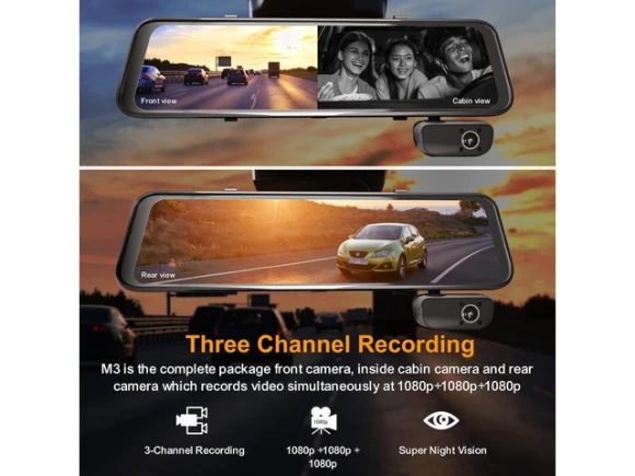 3-Channel Mirror Dash Cam with 1080p Video — Dash Cam, SUNIVISION