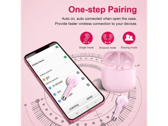 Wireless Bluetooth Earbuds, Pink, with Mini USB-C Charging Case — Wireless Earbuds, KEHIPI