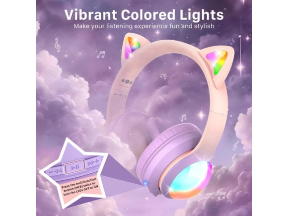Bluetooth Headphones with LED Cat Ears — Wireless Earbuds, FosPower
