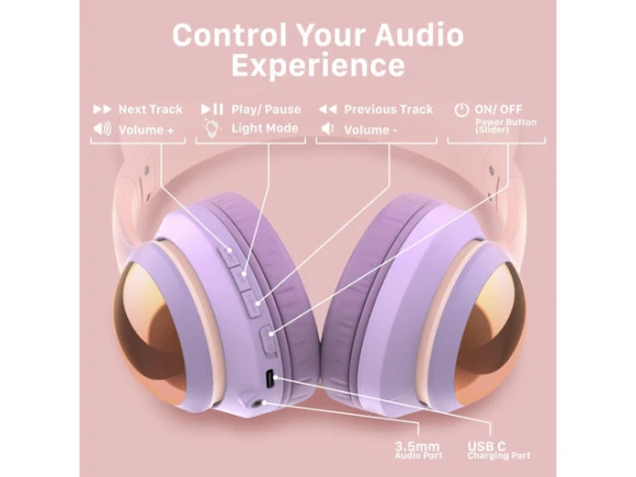 Bluetooth Headphones with LED Cat Ears — Wireless Earbuds, FosPower