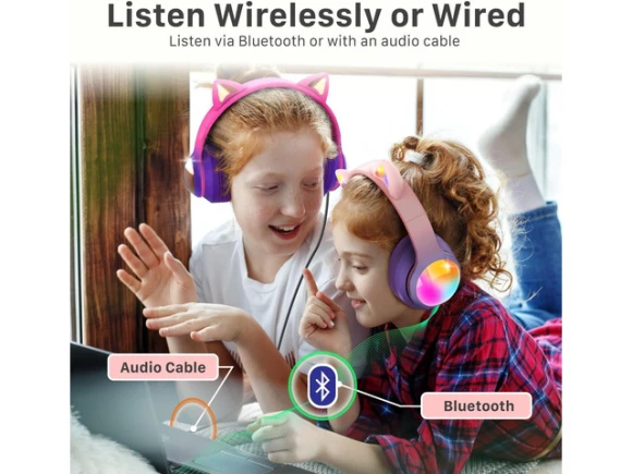 Bluetooth Headphones with LED Cat Ears — Wireless Earbuds, FosPower