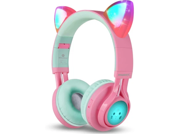 Cat-Ear Over-Ear Bluetooth Headphones with LED Lights — Wireless Earbuds, Riwbox