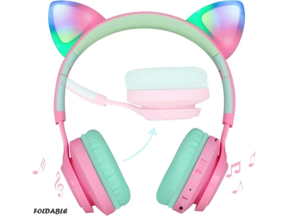Cat-Ear Over-Ear Bluetooth Headphones with LED Lights — Wireless Earbuds, Riwbox