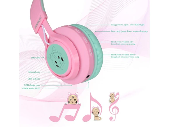 Cat-Ear Over-Ear Bluetooth Headphones with LED Lights — Wireless Earbuds, Riwbox
