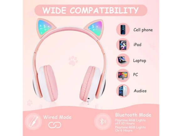 White Cat-Ear Headphones — Wireless Earbuds, Gemdeck