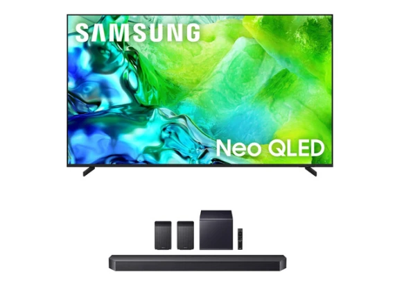 65-inch Neo QLED TV with soundbar and subwoofer — Smart TV, Samsung