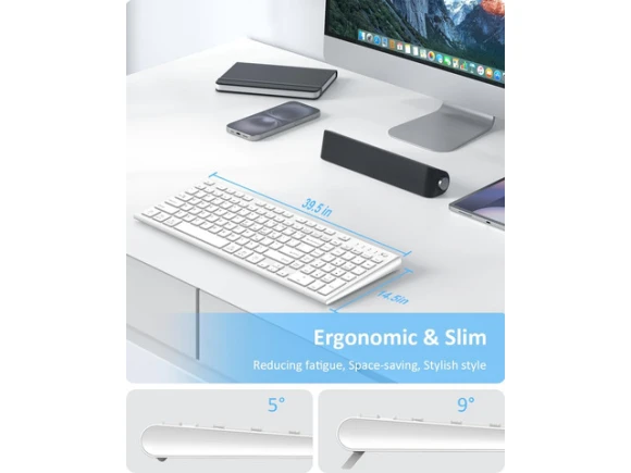 Wireless Keyboard, White, Full Size with Number Pad — Bluetooth Keyboard, FENIFOX