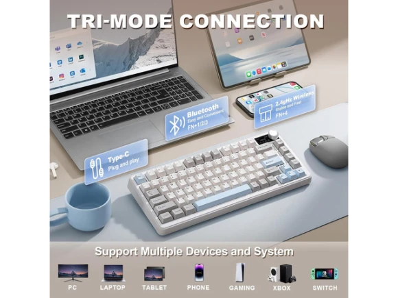 Wireless Mechanical Keyboard, 75% Layout, Beige — Bluetooth Keyboard, YUNZII