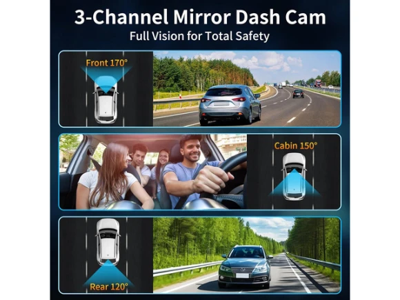 3-Channel Mirror Dash Camera with 64GB Card — Dash Cam, SUNIVISION