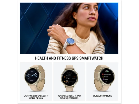 41mm GPS smartwatch with Light Sand Leather Band — Smart Watch, Garmin