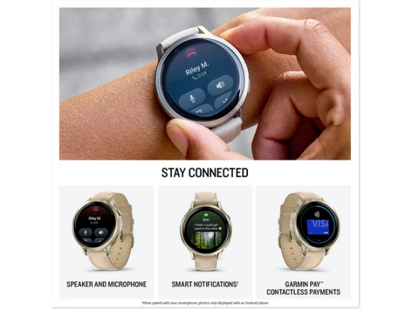 41mm GPS smartwatch with Light Sand Leather Band — Smart Watch, Garmin