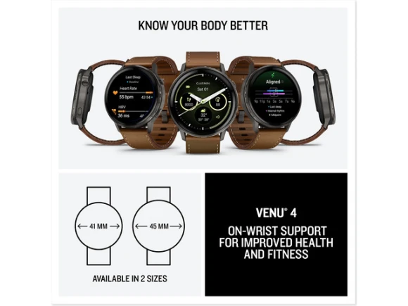 45 mm GPS smartwatch with brown leather band — Smart Watch, Garmin