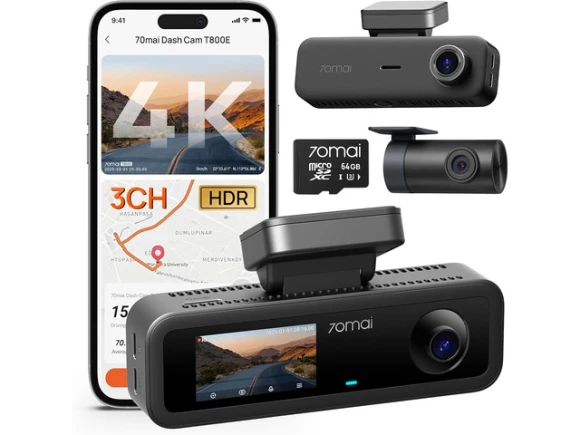 4K 3-Channel Car Dash Camera with 64GB SD Card — Dash Cam, 70mai