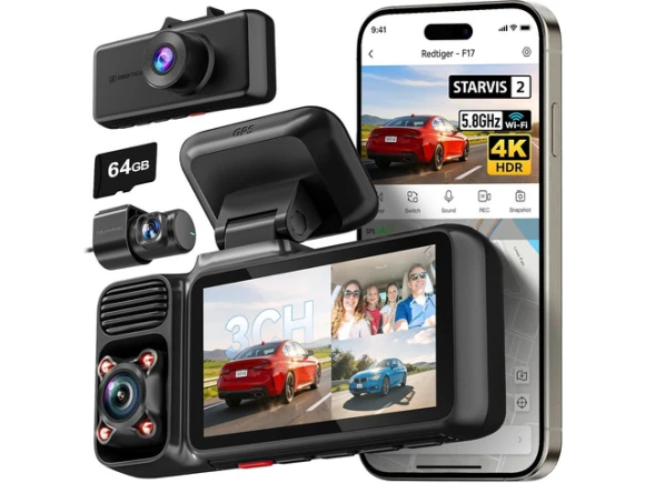 3-channel 4K Dash Camera with 64GB Card — Dash Cam, REDTIGER