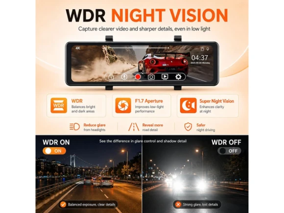 3-Channel Mirror Dash Cam, 4K, 5.8GHz Wi-Fi — Dash Cam, TUKO