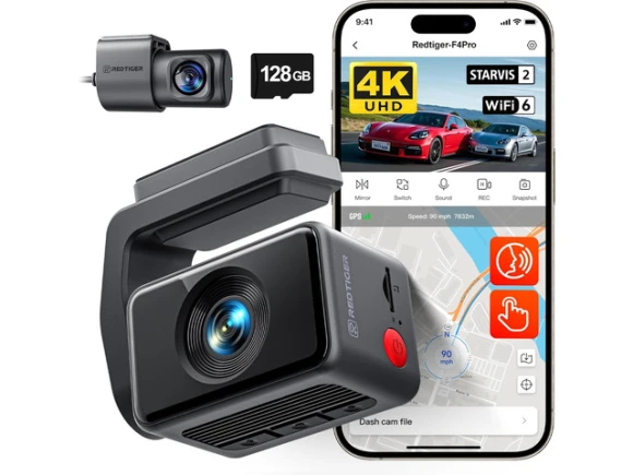 4K Dash Cam with 5.8GHz Wi-Fi 6 Transfer and STARVIS 2 — Dash Cam, REDTIGER